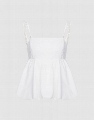 White Urban Revivo Ruffle Hem With Beaded Strap Women's Camisole | PREMQT-261