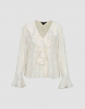 White Urban Revivo Ruffle V-Neck Overhead Women's Blouse | TYGCKS-457