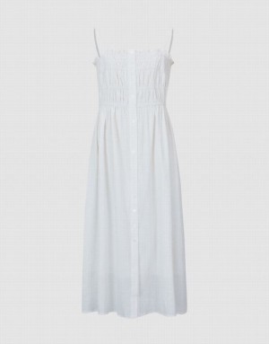 White Urban Revivo Shirred Sleeveless Midi Women's Midi Dress | ZCNDIA-510