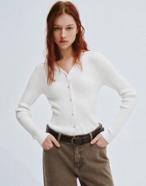 White Urban Revivo Skinny V-Neck Knitted Women's Cardigan | TNJYKI-736