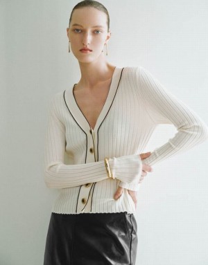 White Urban Revivo Skinny V-Neck Knitted Women's Cardigan | RFIONS-459