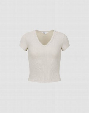 White Urban Revivo Skinny V-Neck Knitted Women's T-Shirts | NEYOHI-238