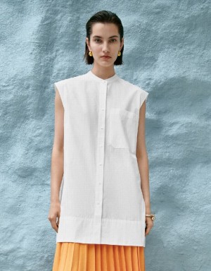 White Urban Revivo Sleeveless Button Up Women's Shirts | QGJWFB-895