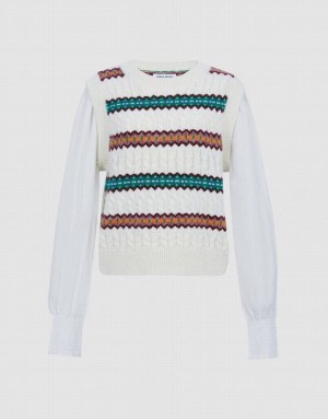 White Urban Revivo Spliced Striped Knitted Top Women's Cardigan | KLONBE-340