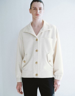 White Urban Revivo Stand Collar Woolen Women's Jacket | UIPTGV-037