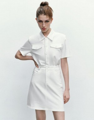 White Urban Revivo Standard Sleeve Lapel Straight Women's Dress | JSRHKV-017