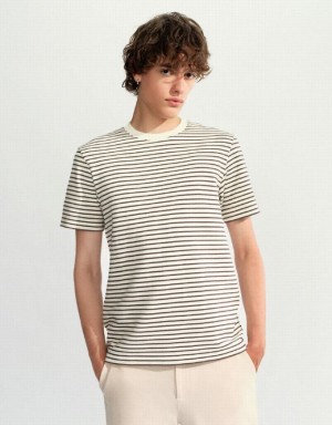 White Urban Revivo Striped Crew Neck Men's T-Shirts | IQUZWM-341