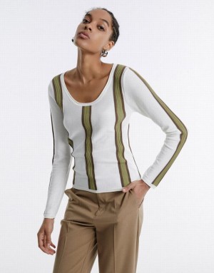 White Urban Revivo Striped Women's Sweaters | LJNEBG-210