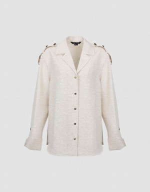 White Urban Revivo Textured Lapel Straight Women's Shirts | WKXETP-834