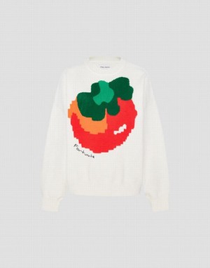 White Urban Revivo Tomato Print Knit Women's Cardigan | INJGVQ-140