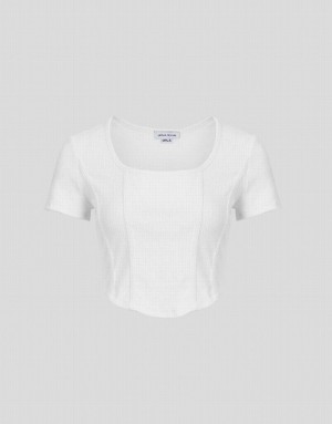 White Urban Revivo U Neck Skinny Women's T-Shirts | BWNZFS-490