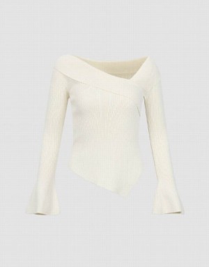 White Urban Revivo V-Neck Skinny Knitted Women's Cardigan | PGRLED-647