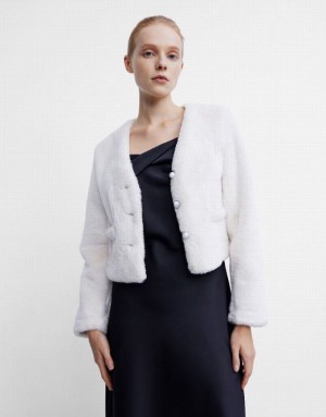 White Urban Revivo V-Neck Straight Women's Jacket | XJFPWI-219