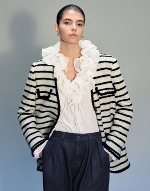 White Urban Revivo V-Neck Striped Woolen Women's Jacket | XJHWZG-258