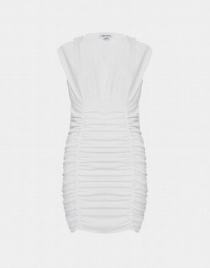 White Urban Revivo V Neck Ruched Sleeveless Bodycon Women's Casual Dress | FCQKRX-627