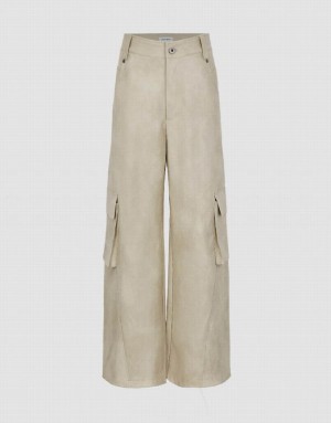 White Urban Revivo Vegan Leather Wide-Leg Women's Pants | WNDXHS-291