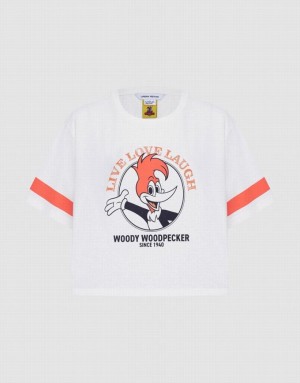 White Urban Revivo Woody Woodpecker Crop Women's T-Shirts | ZPFTGX-740