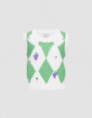 White / Green Urban Revivo Argyle Women's Tank Top | KBPLZC-593