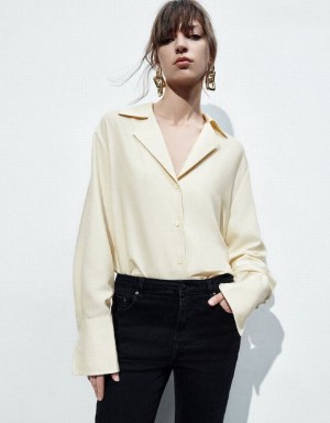 Yellow Urban Revivo Button Up Notch Lapel Women's Shirts | QZABUL-401