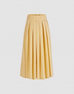 Yellow Urban Revivo Elastic Waist Plaid Skater Women's Skirts | QMYXRZ-473