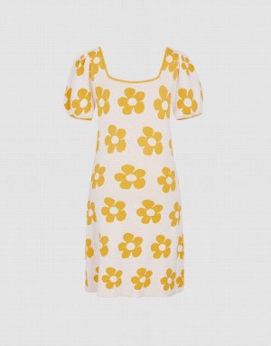 Yellow Urban Revivo Floral Pattern Puff Sleeve Women's Knitted Dress | KNLJAH-537