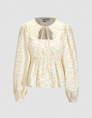 Yellow Urban Revivo Floral Print Cut Out Women's Blouse | ADBQRO-745