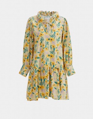 Yellow Urban Revivo Floral Print Knot Front Ruffle Hem Women's Casual Dress | ZNJMBF-361