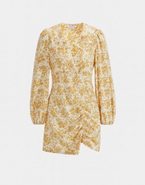 Yellow Urban Revivo Floral Print Ruffled Collar Ruched Women's Casual Dress | AVSLWG-937