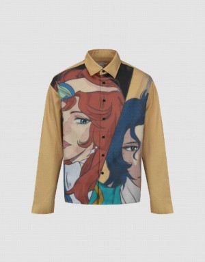 Yellow Urban Revivo Printed Loose Men's Shirts | GSTDMI-048