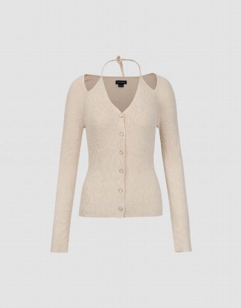 Beige Urban Revivo Halter Neck Raglan Sleeve Knitted Women's Cardigan | NOLETS-304