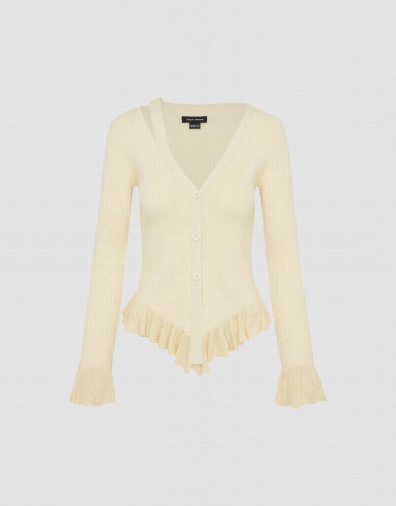 Beige Urban Revivo Ruffle Hem V-Neck Knitted Women's Cardigan | UCVYIP-461