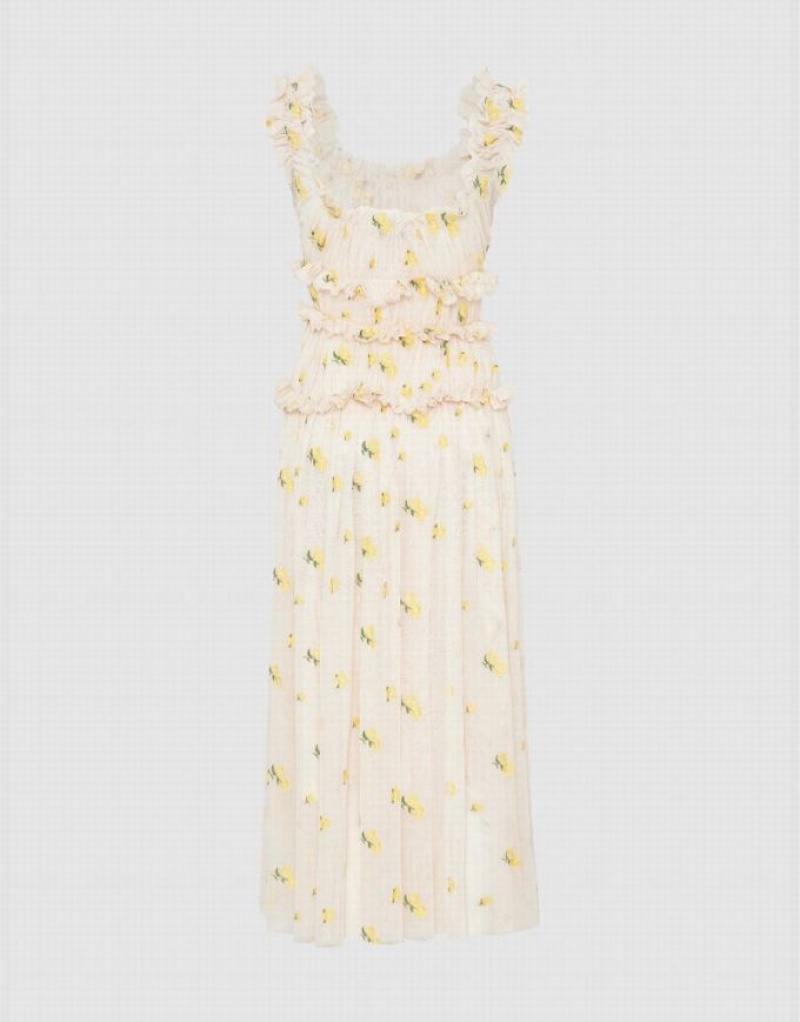 Beige Urban Revivo UR × Caroline Hu Floral Sleeveless U Neck A-Line Women's Dress | DSQFKG-074