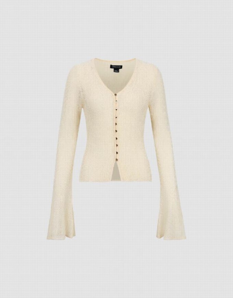 Beige Urban Revivo V-Neck Skinny Knitted Women's Cardigan | PSTOLQ-378