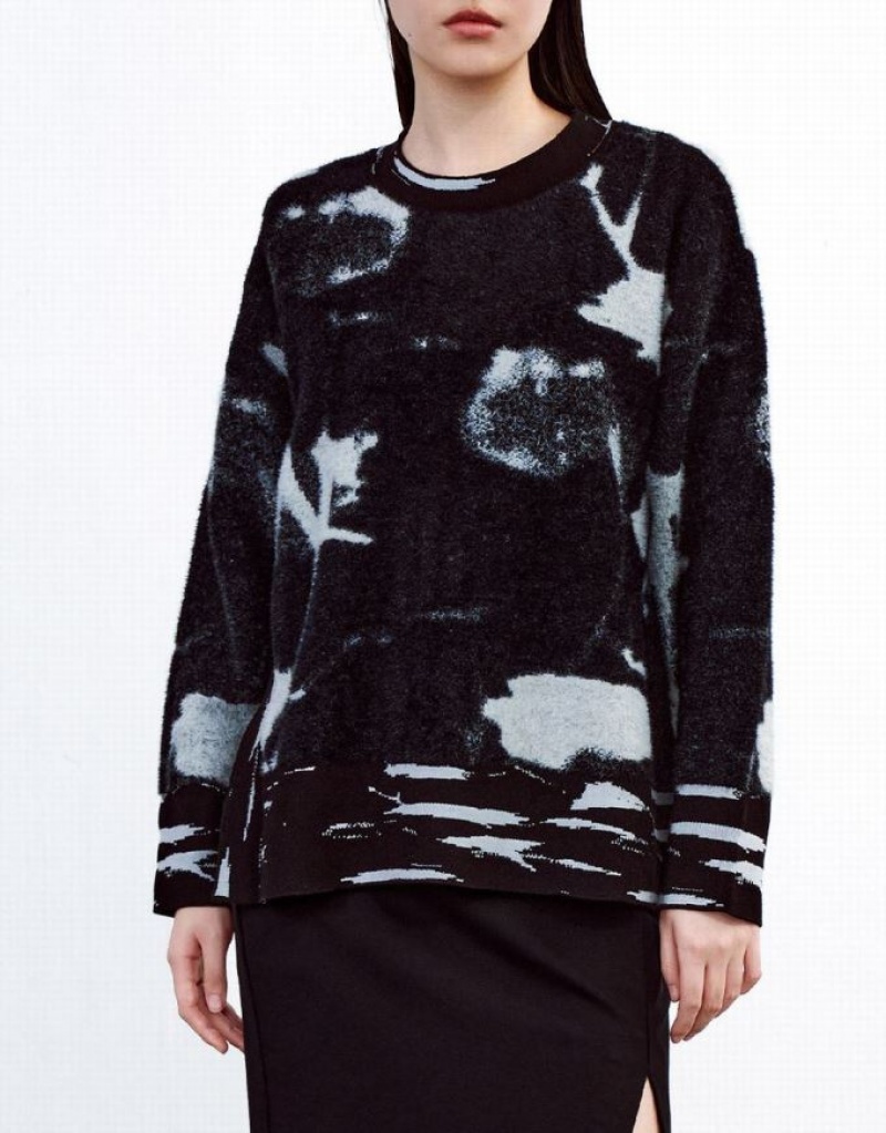 Black Urban Revivo Abstract Print Women's Sweaters | FDMUTH-136