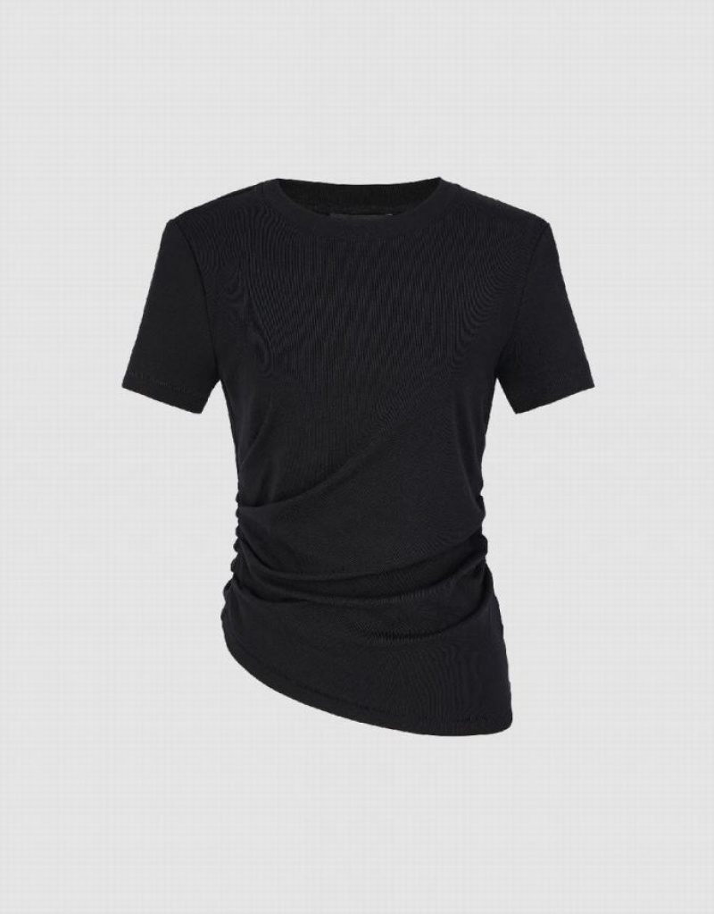 Black Urban Revivo Asymmetric Ruched Women's T-Shirts | NXZGMP-061