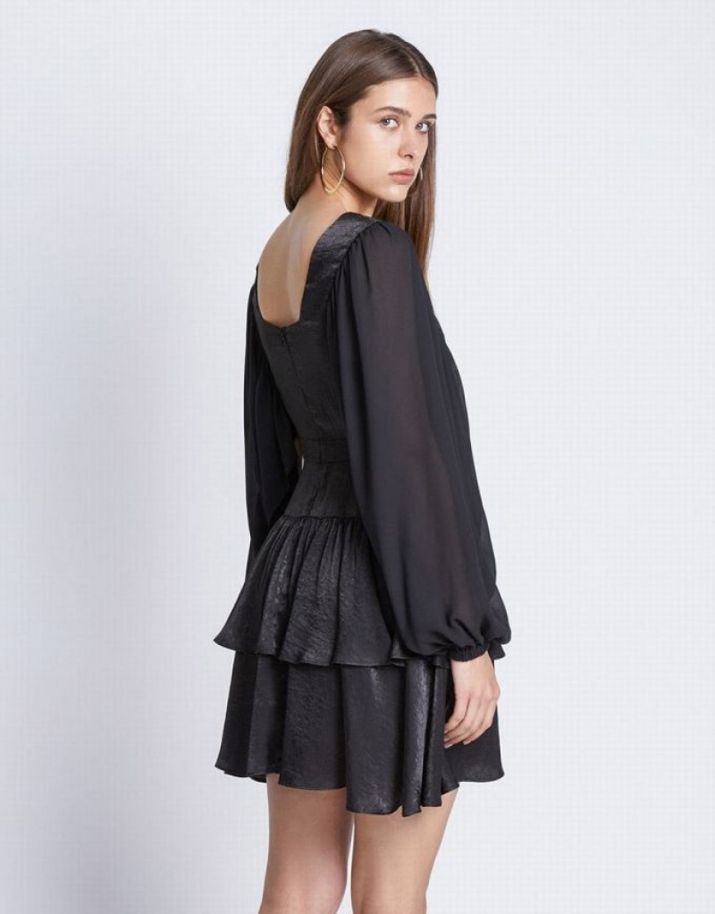 Black Urban Revivo Batwing Button Front Tiered Ruffle Hem Women's Casual Dress | NPYZXH-348