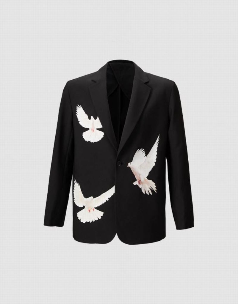 Black Urban Revivo Bird Print Men\'s Blazers | HCMKWS-397