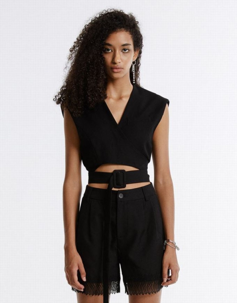 Black Urban Revivo Buckle Belted Women's Vest | JCETVB-194