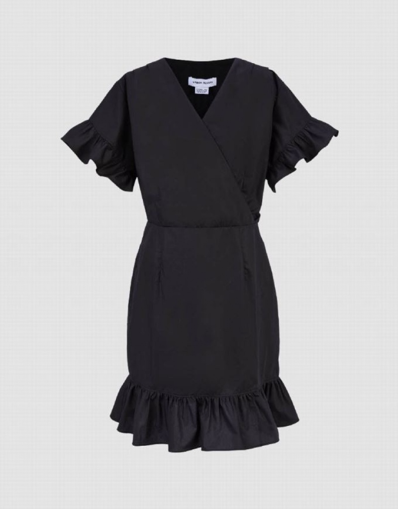 Black Urban Revivo Butterfly Sleeve V-Neck Skater Women's Short Dress | KVIRYG-032