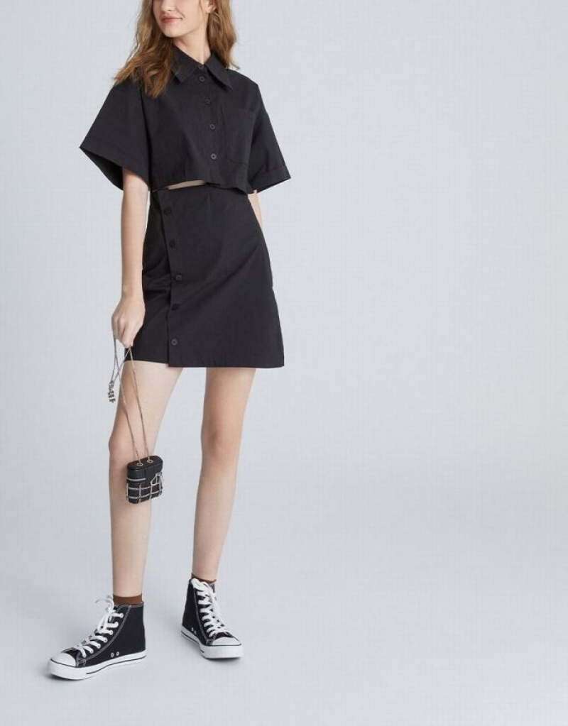 Black Urban Revivo Button Down A-Line Collar Women's Shirt Dress | MDOJXH-604