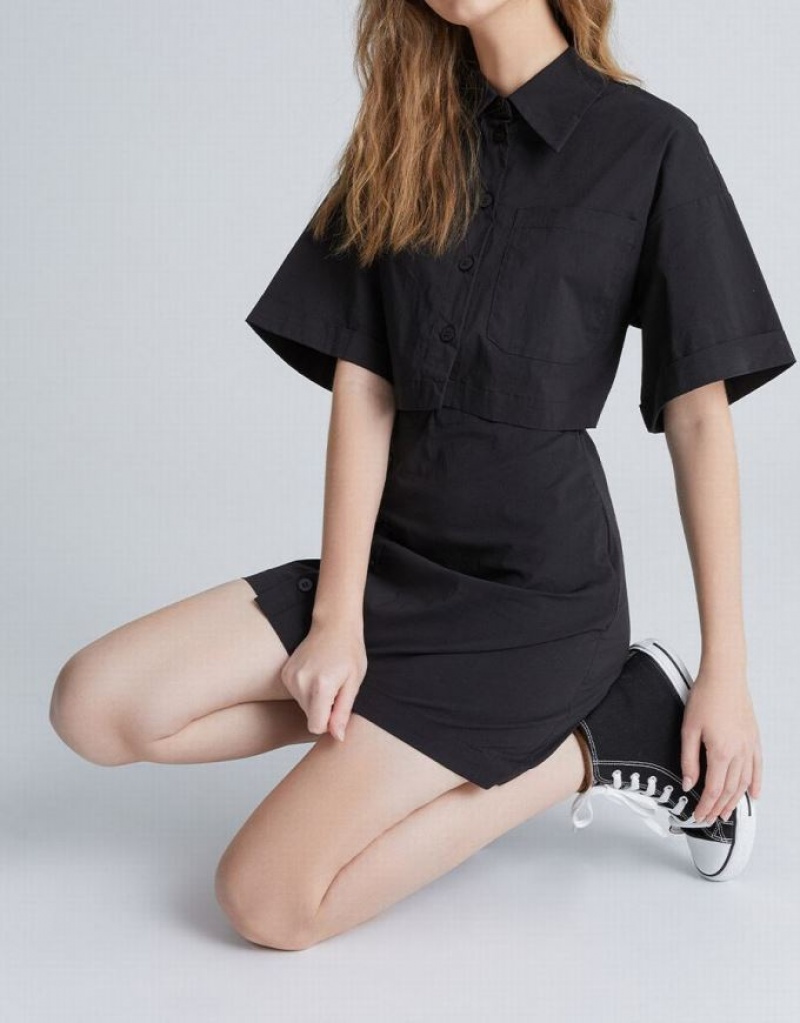 Black Urban Revivo Button Down A-Line Collar Women's Shirt Dress | MDOJXH-604