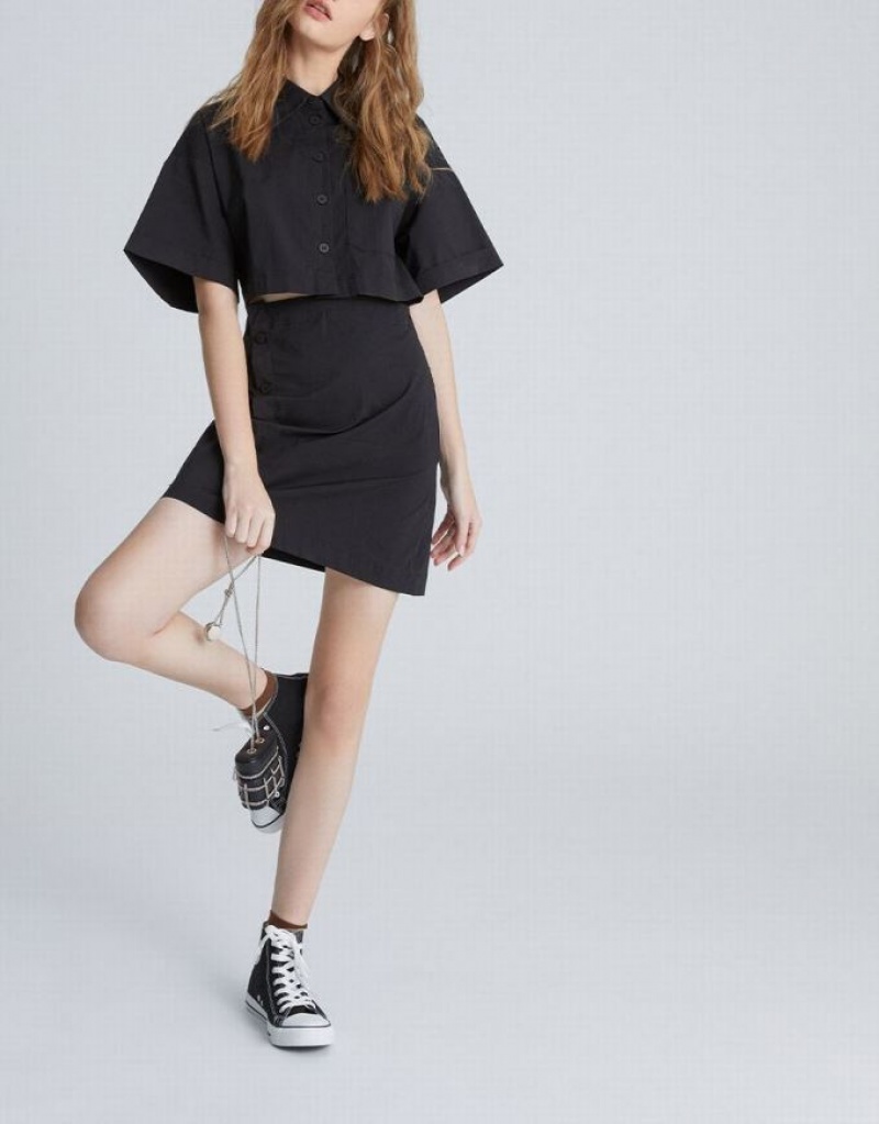 Black Urban Revivo Button Down A-Line Collar Women's Shirt Dress | MDOJXH-604