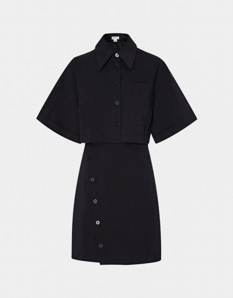 Black Urban Revivo Button Down A-Line Collar Women\'s Shirt Dress | MDOJXH-604