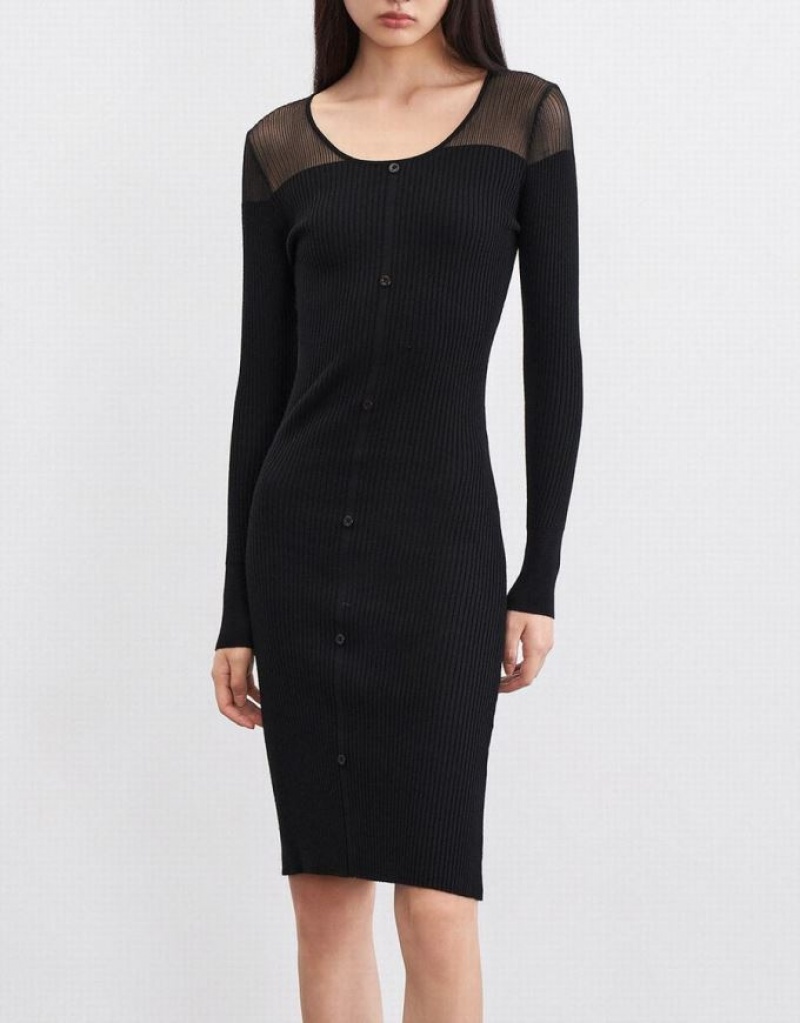 Black Urban Revivo Button Front Bodycon Rib Women's Knitted Dress | FIGUTK-387