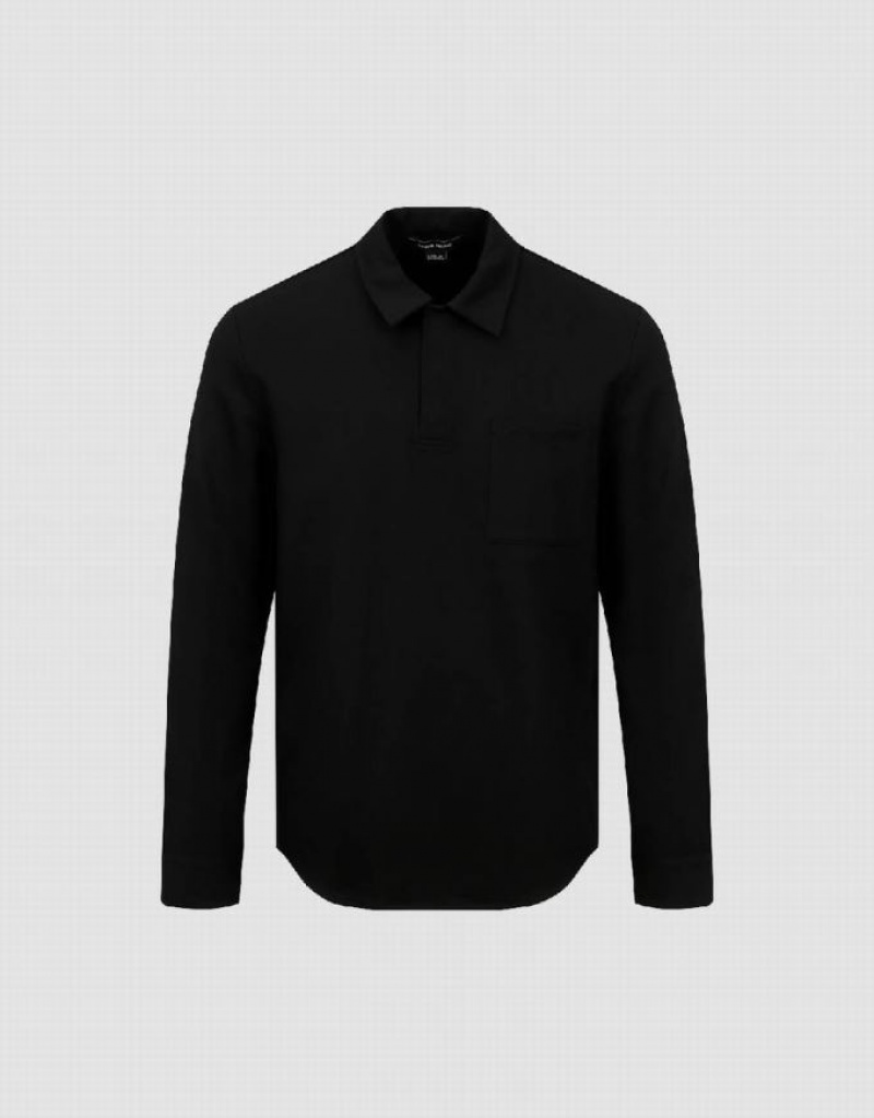 Black Urban Revivo Button Half Placket Straight Men's Polo Shirts | XAWQBJ-284