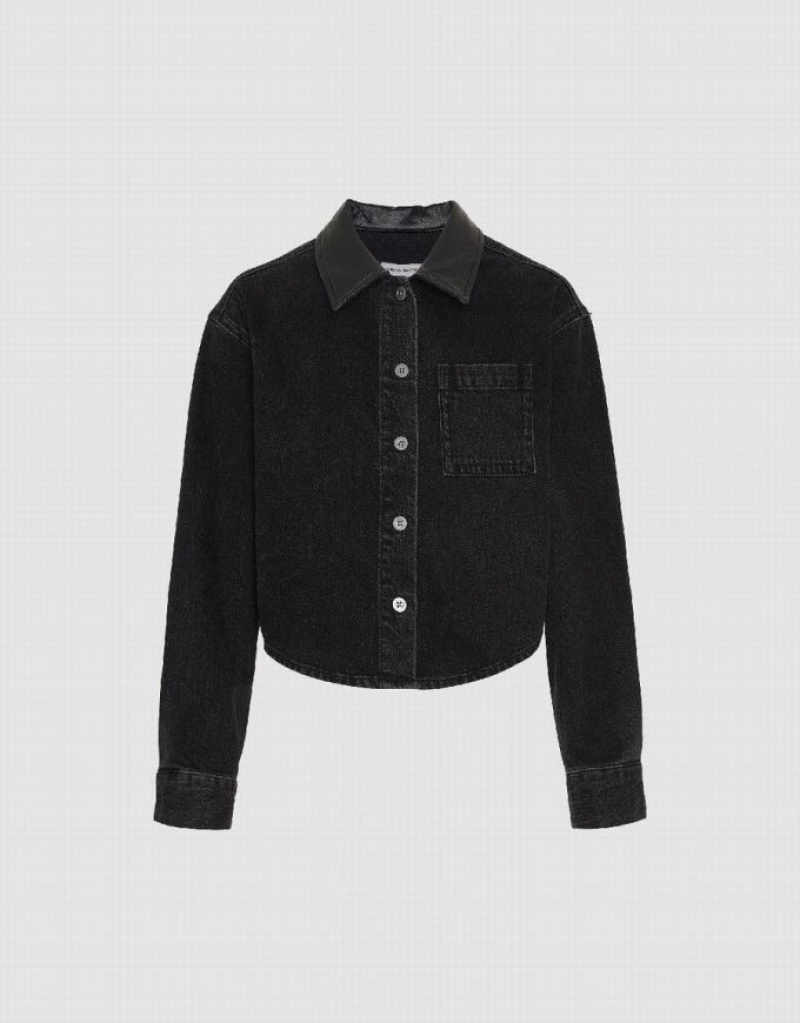 Black Urban Revivo Button Up Denim Women's Shirts | UYEQNJ-485