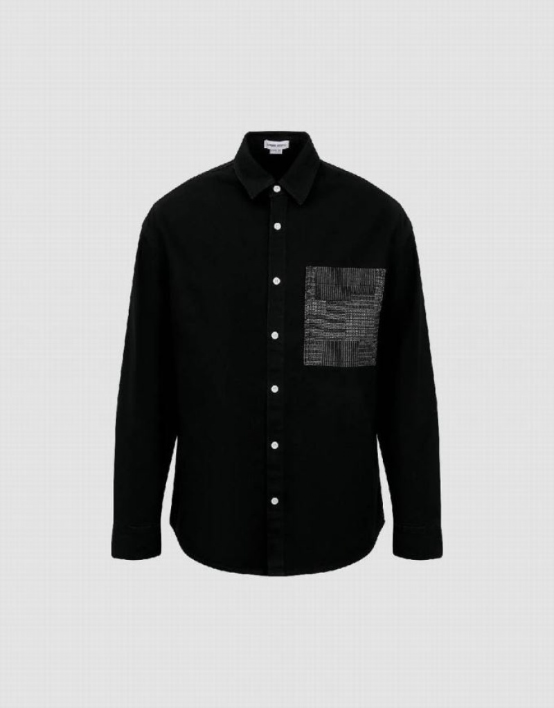 Black Urban Revivo Button Up Loose Denim Men's Shirts | SRKZWP-267