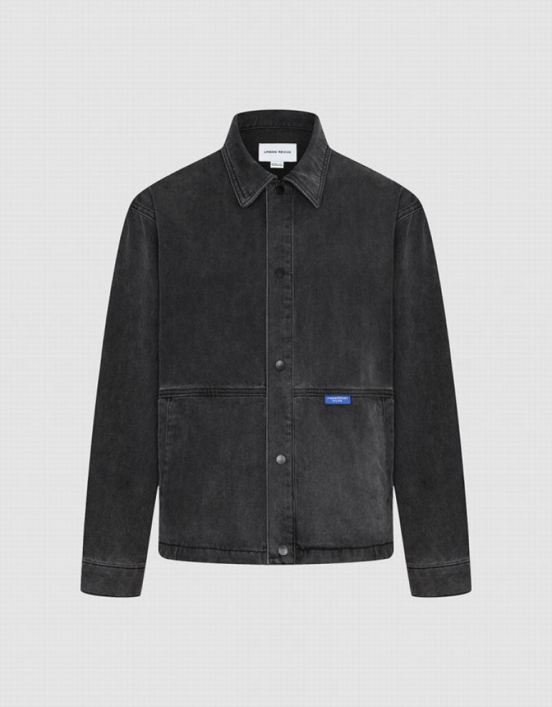 Black Urban Revivo Button Up Men's Denim Jackets | JTZIKW-498