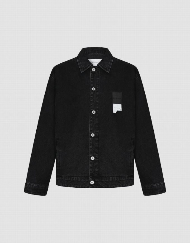 Black Urban Revivo Button Up Men\'s Denim Jackets | BWLYVC-317