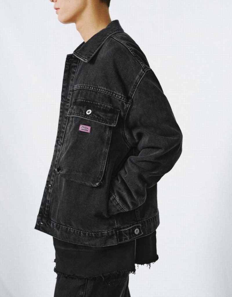 Black Urban Revivo Button Up Men's Denim Jackets | KUANMS-502